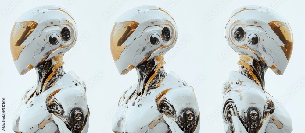 Poster collage of futuristic robot or highly detailed cyborg three distinct front views of the upper body i