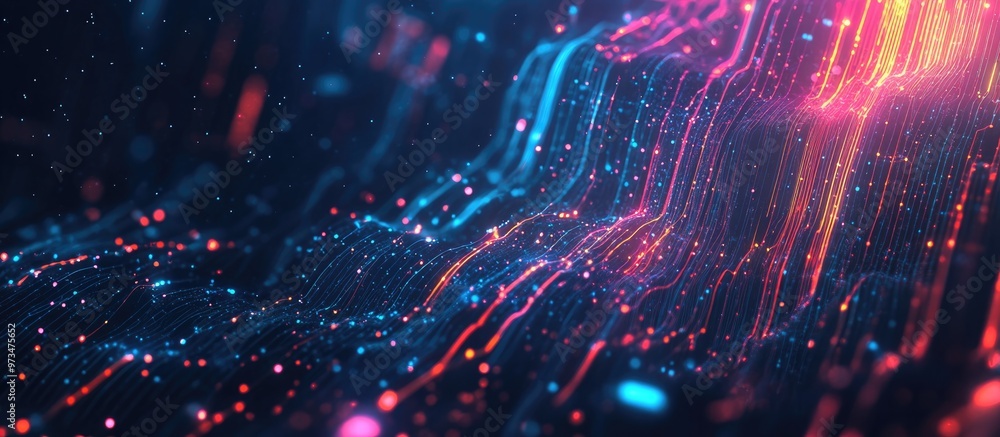 Poster futuristic data stream technology with neon lines abstract 3d representation featuring a dark blue b