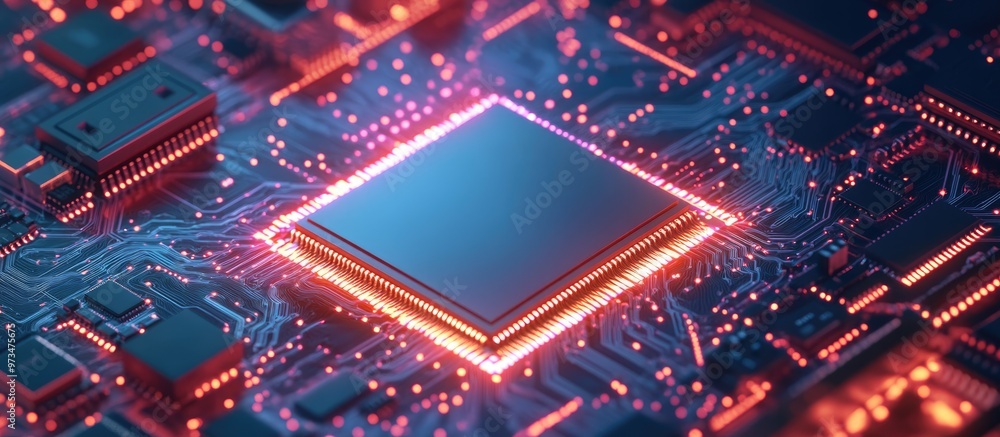 Poster ai technology concept featuring an integrated circuit chip on a printed circuit board highlighting t