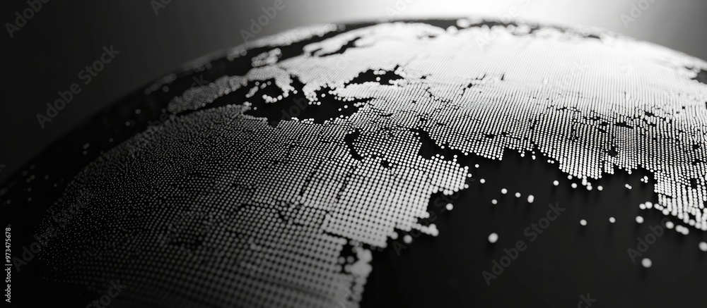 Poster black and white spherical dot map focusing on a broad region showcasing a large scale view