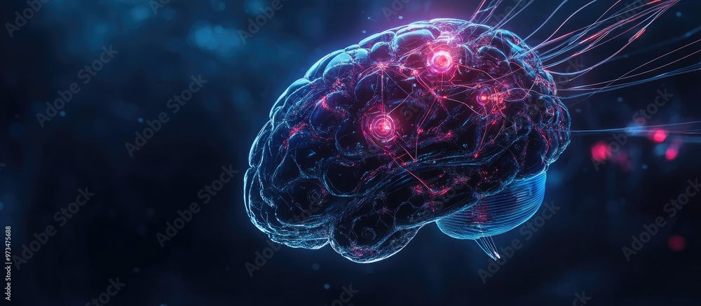 Poster cybernetic brain with wired neural network 3d illustration of a robotic brain representing a cyborg 