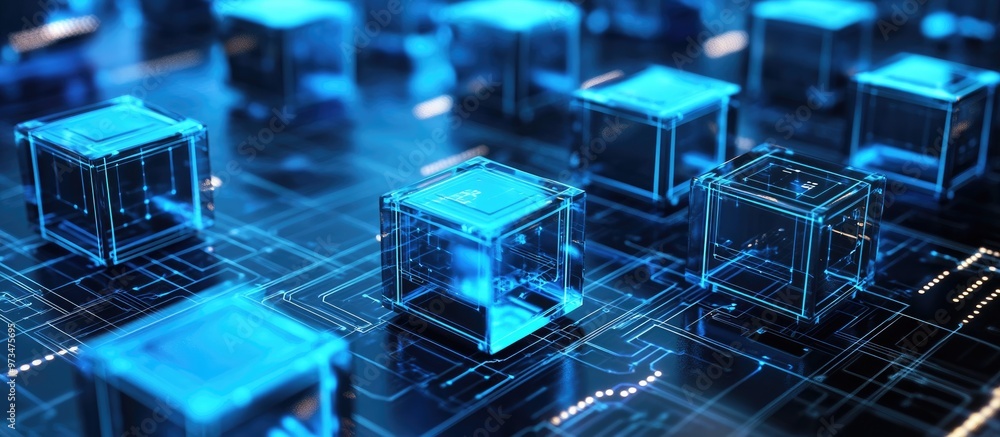 Poster cubes arranged in a structured layout against a backdrop of circuits featuring a digital representat