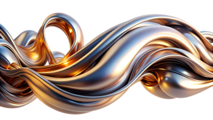 A mesmerizing metallic wave design showcasing intricate curves and reflections, perfect for modern art and abstract themes. Transparent or white background.
