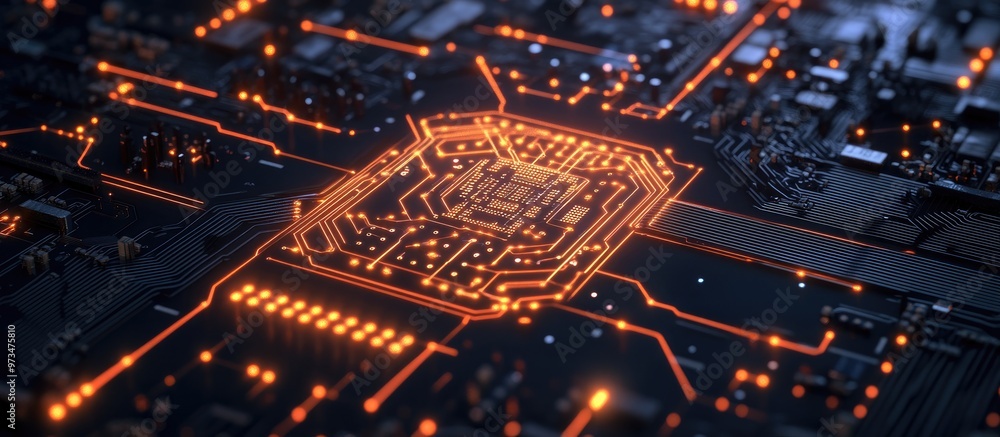 Poster ai algorithms illustrated on a computer chip circuit with a data network diagram showcasing a busine