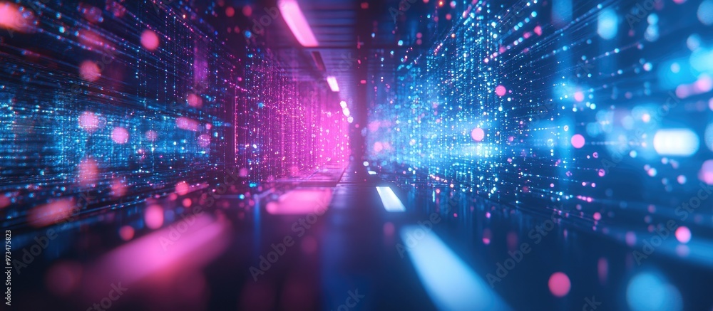 Poster neon blue and pink background representing digital technology and the metaverse showcasing abstract 