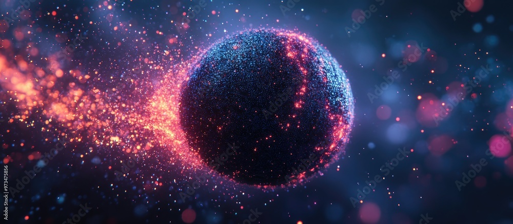 Poster 3d rendering of a dark sphere emitting vibrant particles represents advanced technology and rapid da