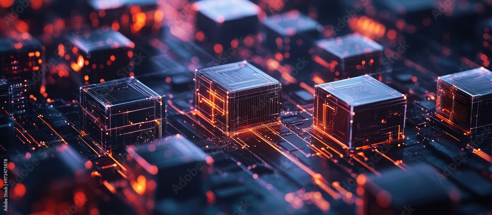 Poster blockchain technology represented through interconnected information blocks in a decentralized netwo