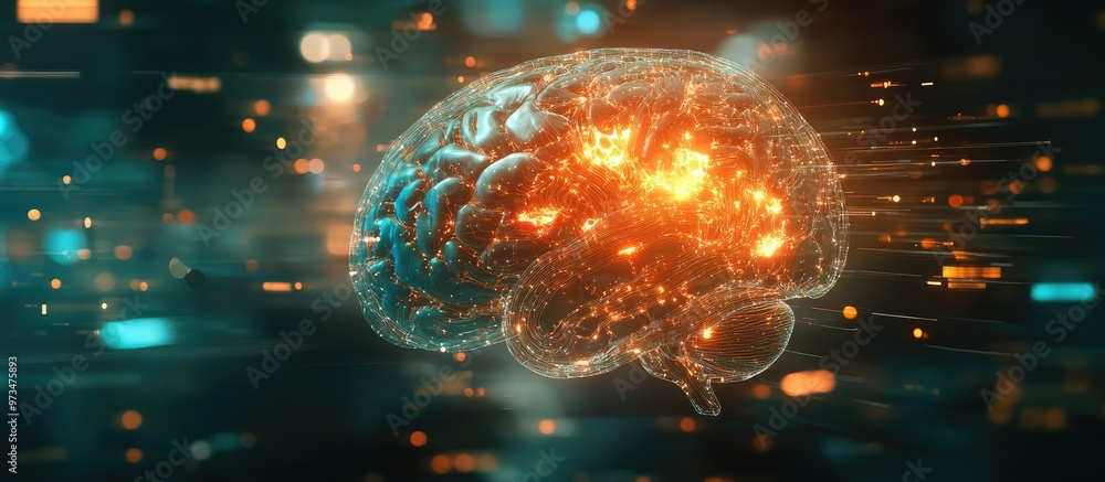 Poster neural network cyber brain with robotic organ design 3d rendered illustration of a cyborg brain conc