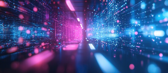 Neon blue and pink background representing digital technology and the metaverse showcasing abstract connections in communication innovation and AI driven big data in a 3D illustration