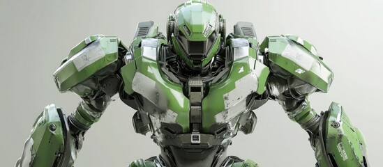 Futuristic mech soldier on a plain background Military robot in green and gray metal piloted and featuring scratched armor Mech battle scene 3D rendering
