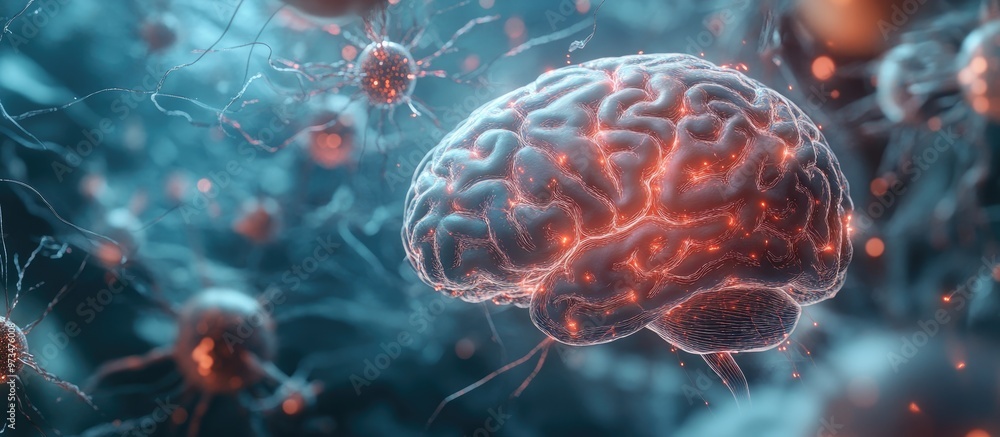 Poster biotechnology and artificial intelligence merge with human brain concepts in a 3d illustration showc