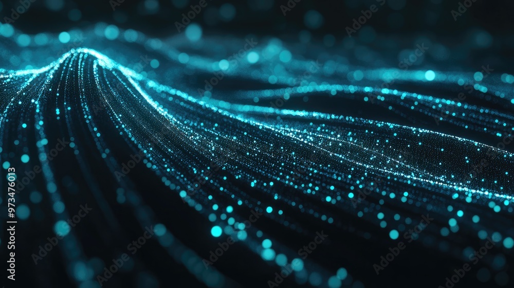 Poster abstract illustration of information stream featuring a cyan line and dots representing big data tec