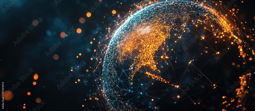 Poster abstract globe featuring a network of particles and a plexus structure illuminated by glowing elemen