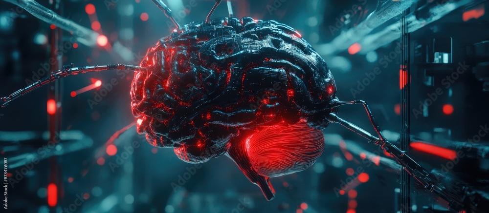 Poster cybernetic brain connected to a neural network 3d rendering of a robotic organ and cyborg brain