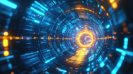 Fototapeta premium Blue and yellow illuminated ring in a futuristic cyberspace tunnel 3D rendered loop animation