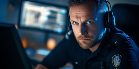 A focused police officer is working diligently at his desk. He wears a headset and stares intently at multiple screens. The scene conveys dedication and urgency in law enforcement. AI