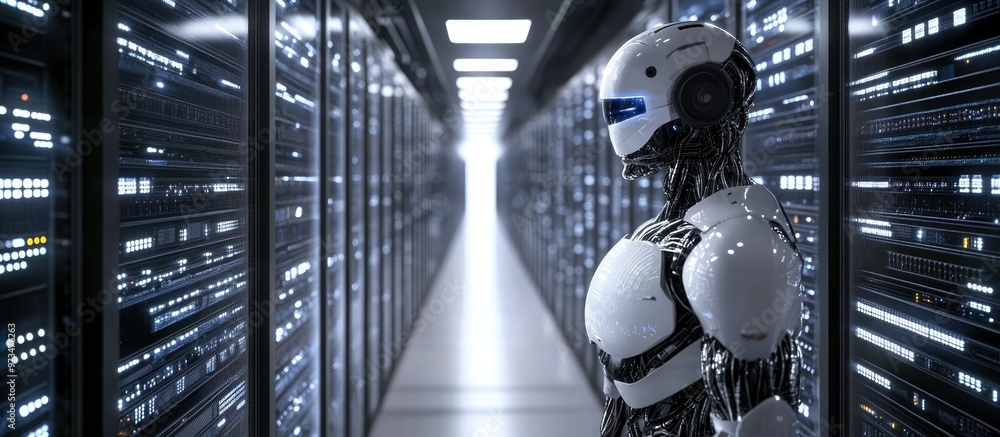 Poster cyborg robot walking through a contemporary data center advanced technology depicted in a detailed 3