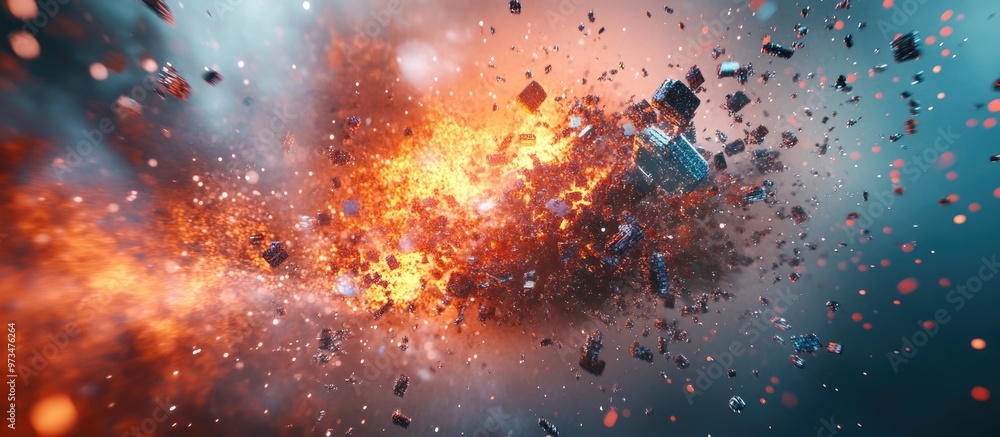 Poster 3d rendering of an ai robot explosion featuring a pixelated visual effect