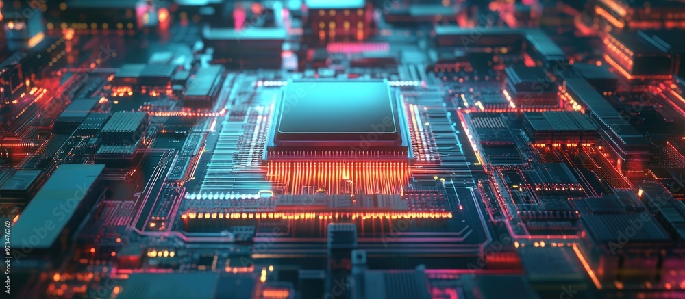 Poster ai chipset mounted on a circuit board with a backdrop of a data center