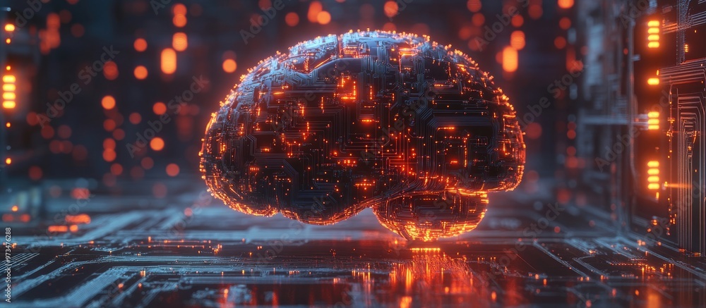 Poster 3d illustration of an artificial intelligence brain with a circuit board design