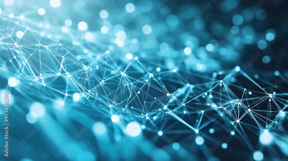 Poster abstract blue and white polygonal technology network featuring connected elements with a textured ba