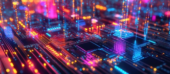 Fototapeta premium AI processor and circuit board concept featuring vibrant colors that illustrate data transfer in a 3D rendering