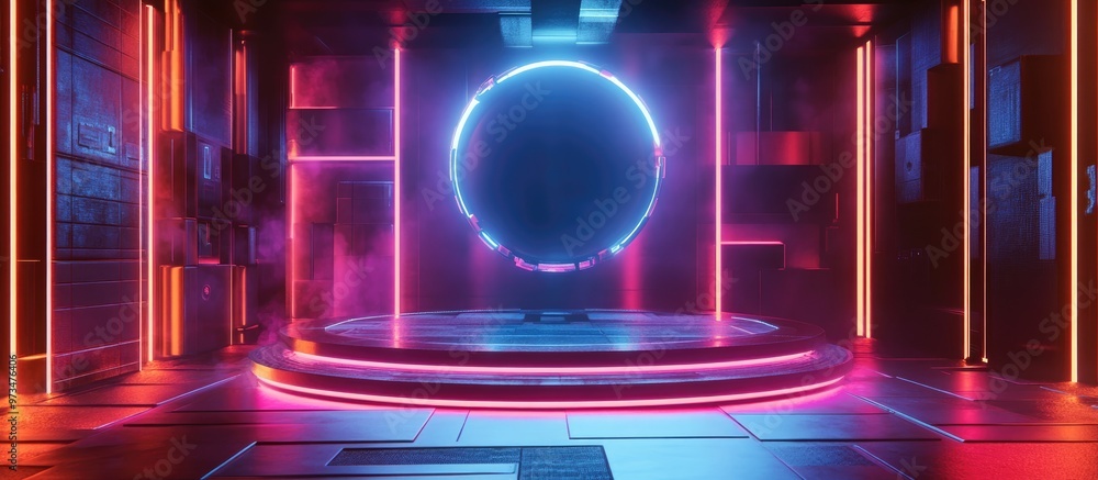 Poster abstract cyberpunk background featuring a virtual reality simulation scene on a pedestal stage rende