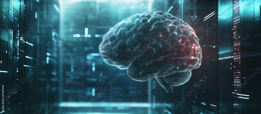 Poster 3d rendering of a human brain set against a technological backdrop symbolizing concepts of artificia
