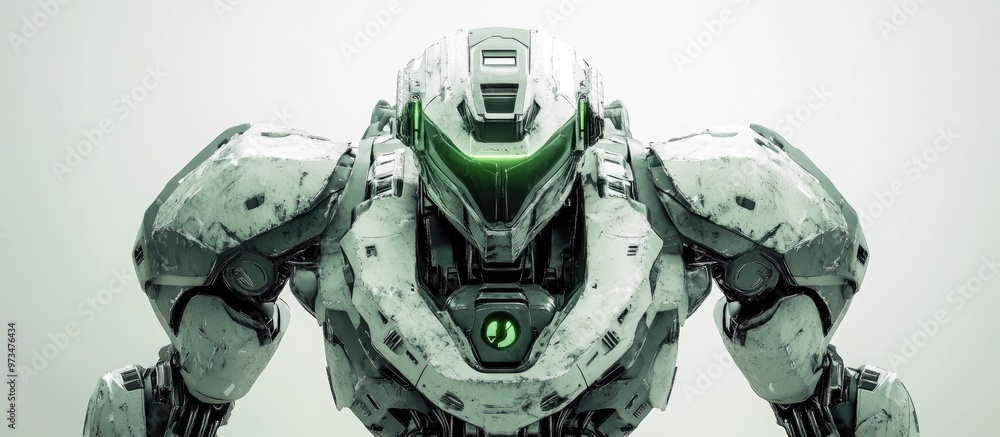 Poster futuristic mech soldier in a white setting military robot featuring green and gray metallic armor co