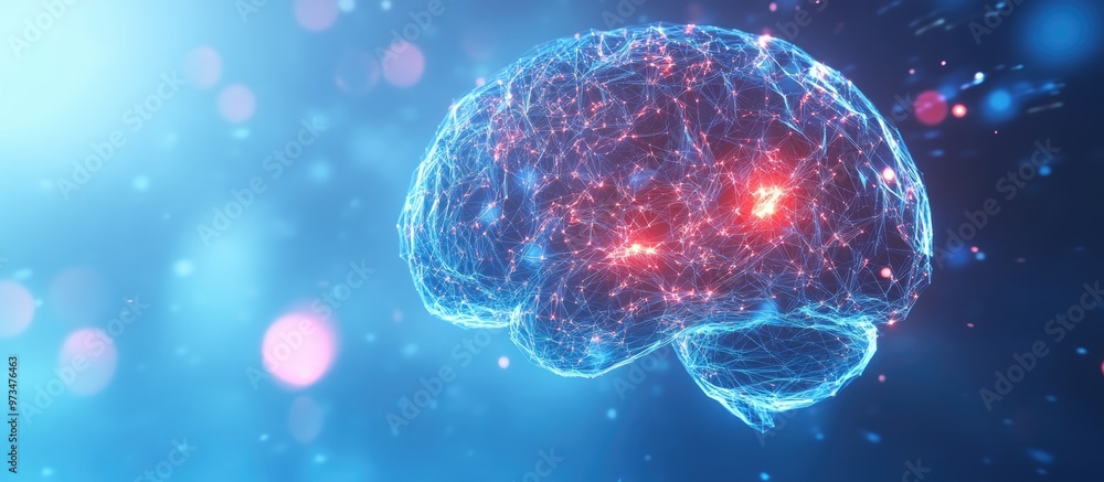 Poster glowing polygonal brain hologram on a soft blue background representing concepts in neurology and ar