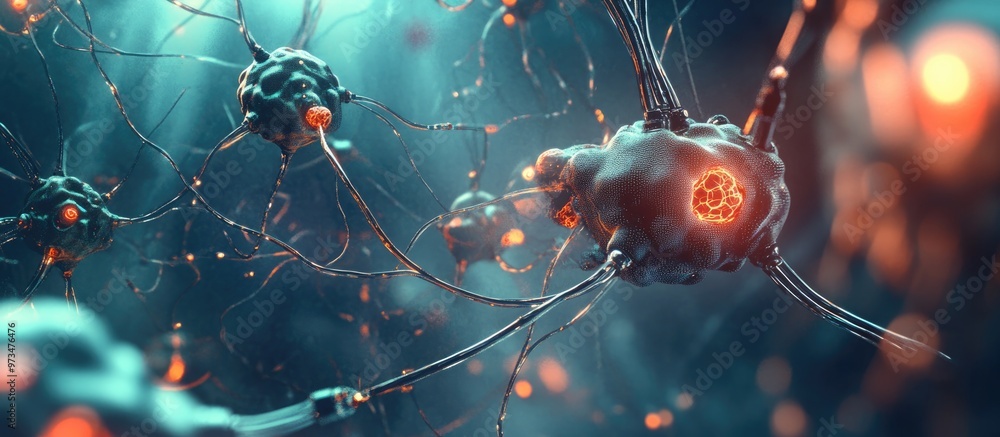 Poster neural cells and robotic elements exploring futuristic ai and deep learning technology interconnecte