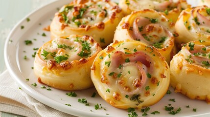 Savory pinwheel rolls with ham and cheese topped with fresh herbs. Studio food photography on a white plate. Design for bakery, appetizer menu, or catering poster.


