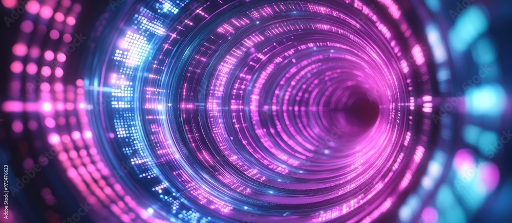Poster neon circular background featuring a data tunnel illuminated by fluorescent ultraviolet lighting