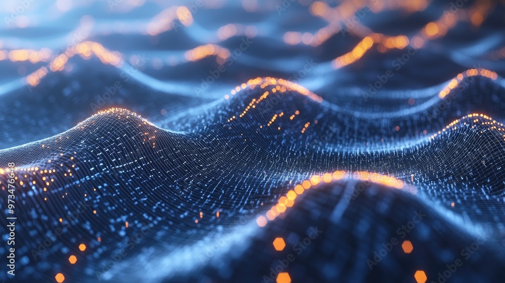 Poster abstract illustration depicting interconnected data nodes and flows