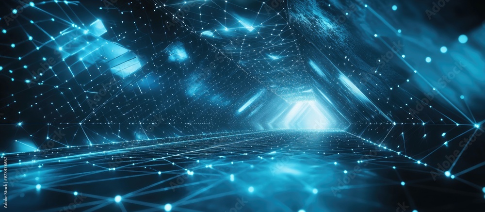 Poster abstract futuristic background featuring interconnected triangles dots and lines in a vast empty spa