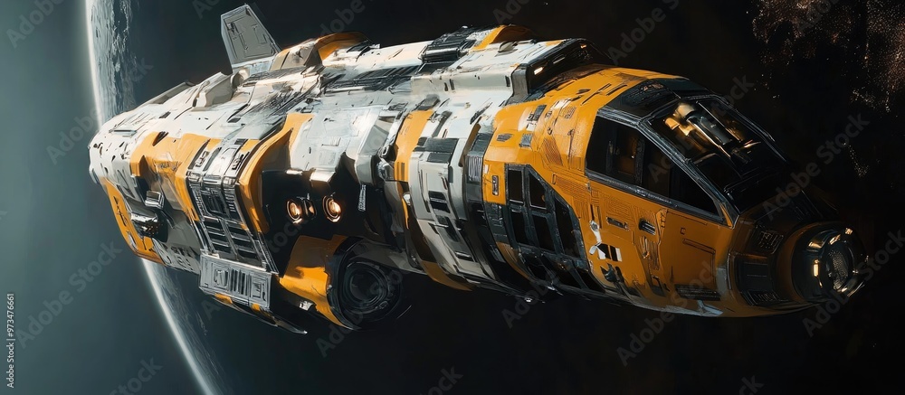 Poster intricate 3d visualization of an advanced spacecraft designed for battle scenarios ideal for futuris