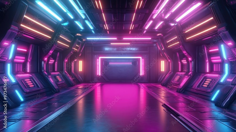 Poster futuristic sci fi empty stage with neon glowing lights creating an abstract science fiction interior