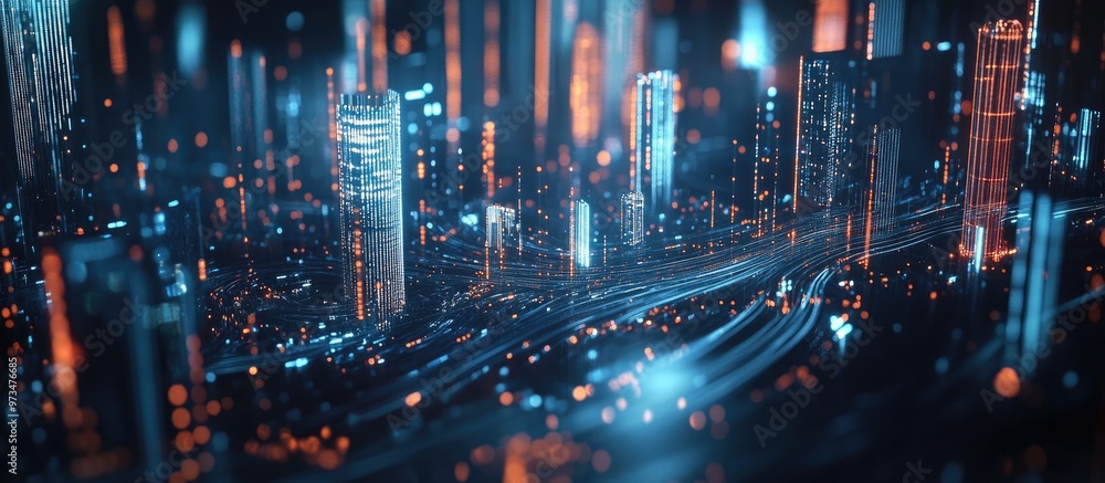 Poster smart city connectivity illustrated with dot points and lines highlighting metaverse technology and 