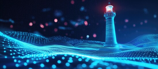 Futuristic lighthouse in a digital landscape 3D illustration showcasing evolving technology and its potential to guide innovation and leadership