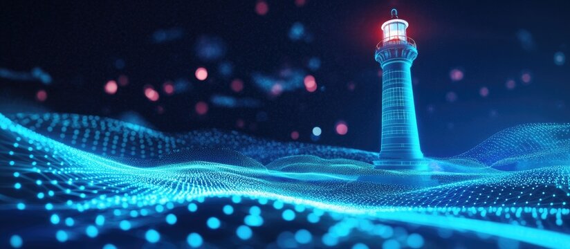 Futuristic lighthouse in a digital landscape 3D illustration showcasing evolving technology and its potential to guide innovation and leadership
