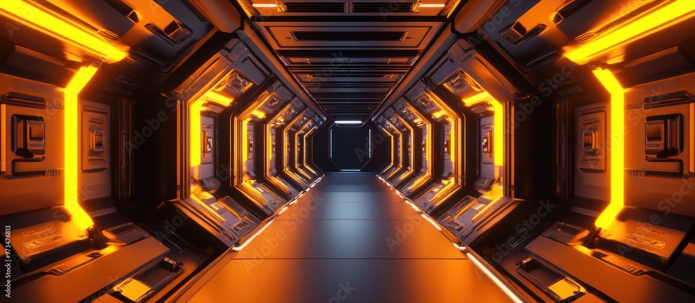 Poster Futuristic 3D rendering of a spaceship corridor featuring a neon orange glow Ideal for technology advertising modern design and sci fi themes
