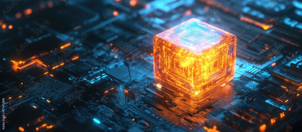 Poster a luminous ai cube placed on a high tech circuit board symbolizing cutting edge artificial intellige
