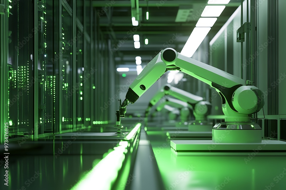 Poster robotics factory automation, industrial robots working on conveyor belt