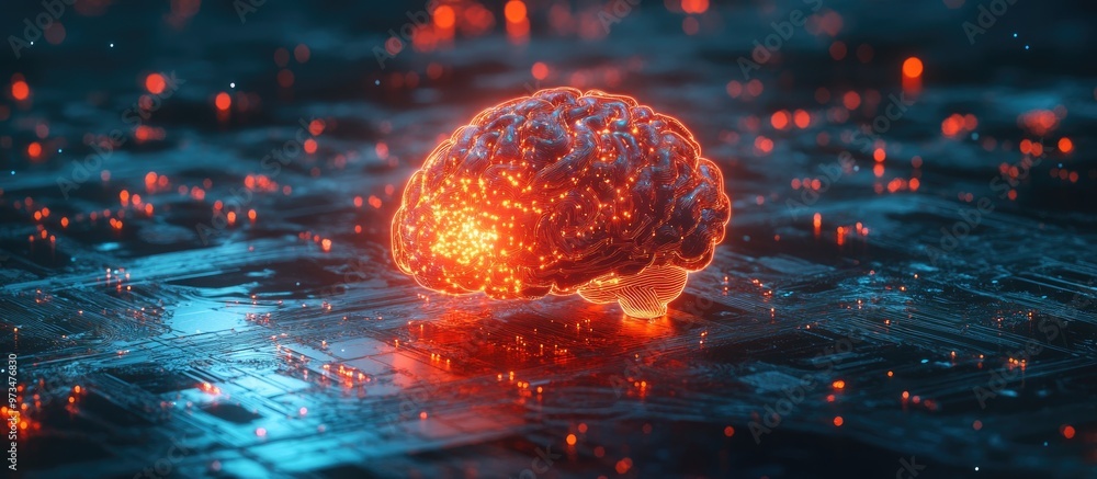 Poster artificial intelligence network poster featuring a luminous map with a human like digital brain symb