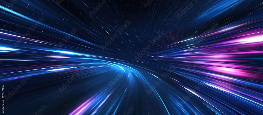 Poster 3d render featuring blue and purple light streaks on a dark backdrop creating an abstract representa