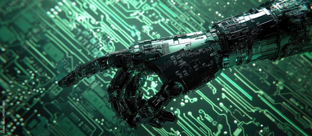 Poster 3d rendered robot finger gesturing towards a circuit board backdrop