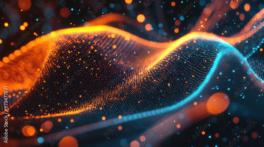 Poster 3d rendering of an abstract design featuring interconnected dots vividly colored tech backdrop compo
