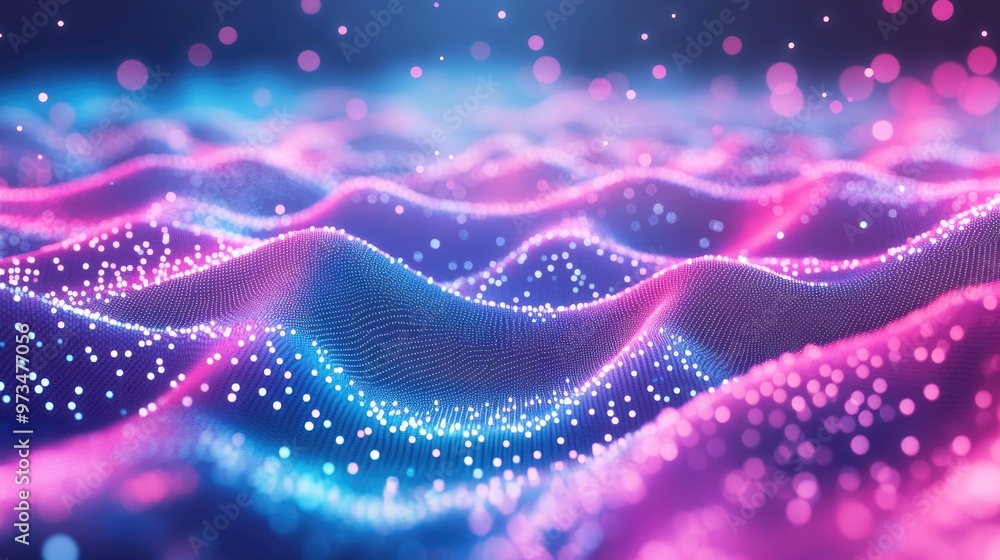 Poster abstract polygonal network in pink and blue hues featuring interconnected technology elements backgr