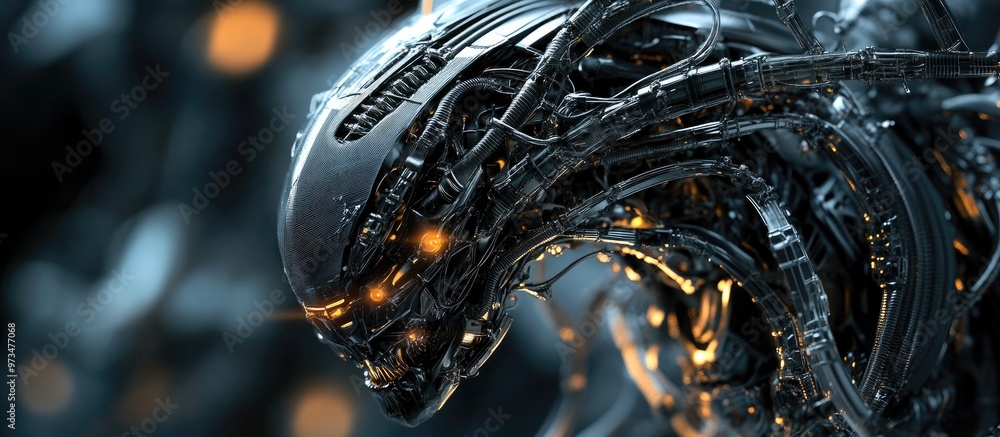 Poster menacing robotic entity with interconnected wires hostile metallic alien rendered in 3d