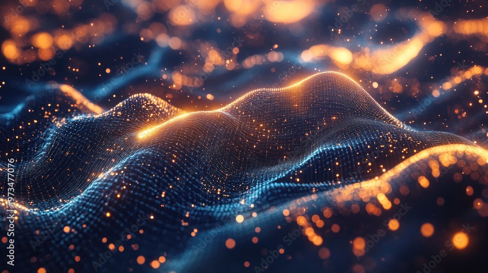 Poster futuristic design featuring a 3d rendered background of abstract lines and particles incorporating f